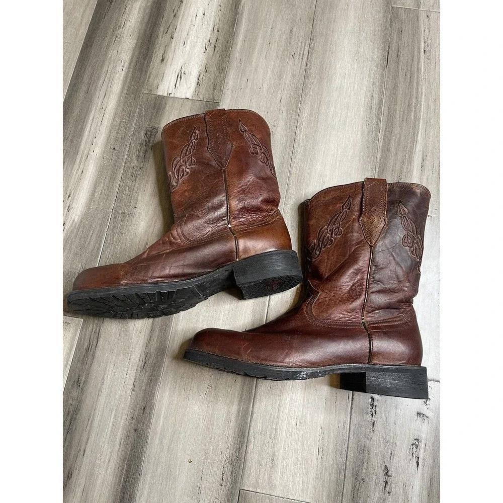 Men's Justin Leather Cowboy Boots Embroidered Round Toe Brown Size 10